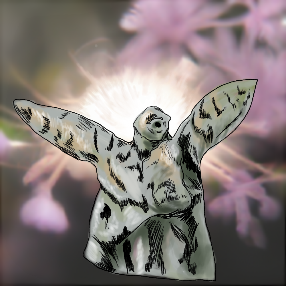 a drawing of an angel-like stone figure against a blurred background of pink flowers. the figure has a small hole resembling an eye on its face, and what looks like two simplified wings.