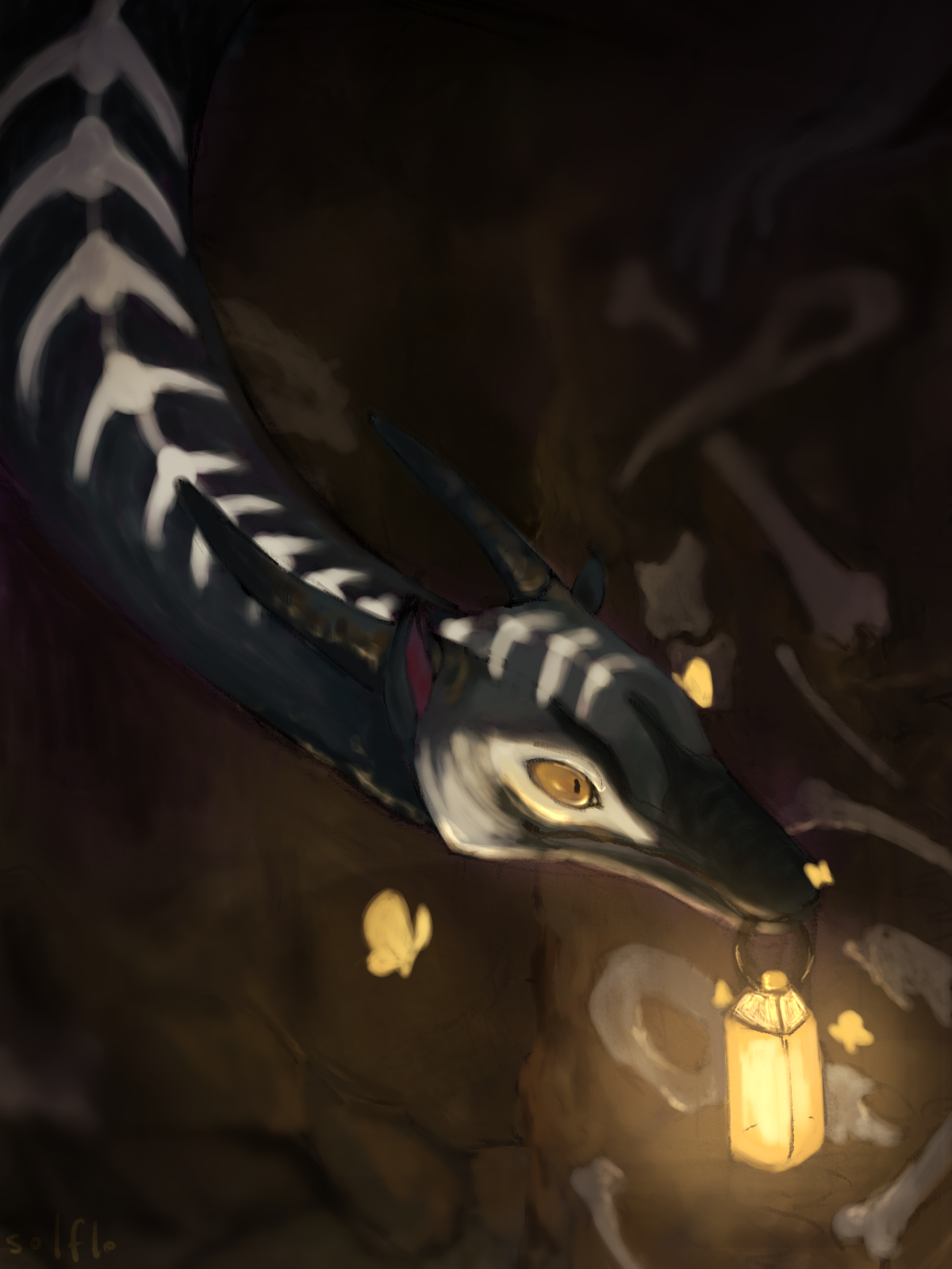 digital portrait painting of a spiral dragon from flight rising. the dragon is bluish-gray with white markings resembling vertebra. he holds a yellow lantern on his mouth, surrounded by butterflies of the same color, and looks off the frame with an alert expression. the background is a cave with skulls and other bones embedded in the rock