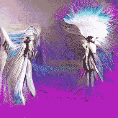 AI generated gif. the shifting forms of two bright angel silhouettes. the dominant color is a strong magenta