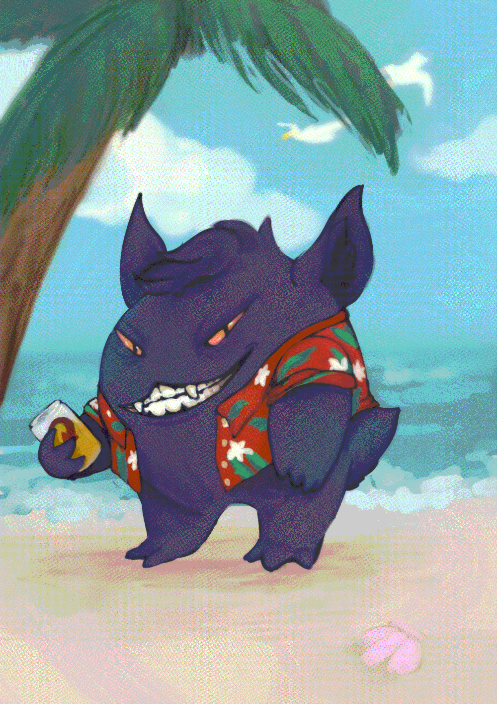drawing of a grinning gengar wearing a red floral shirt and holding a beer can, standing under a palm tree on a sunny beach.