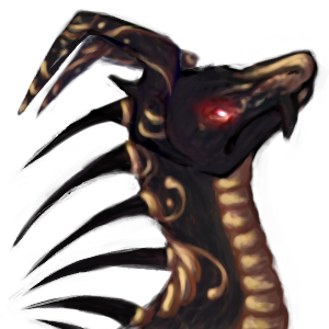 profile headshot of a dark dragon with sickle shaped horns. swirls of gold adorn her body. she has large black fangs and red glowing eyes.