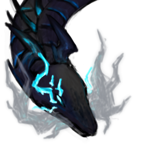 3/4 view of a dark dragon with sickle shaped horns. electric blue accents, with lightning coming out of his eyes. bluish gray smoke pours out of his mouth.