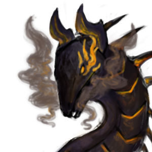 3/4 view of a dark dragon with sickle shaped horns. yellow and orange accents, with flames coming out of her eyes, and warm gray smoke coming out of her mouth.