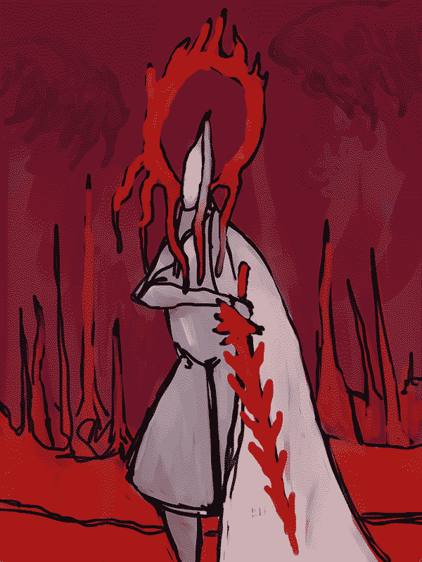 sketchy painting of a faceless knight with a large red halo holding a red flaming sword against a red background of spikes. two amorphous shapes float in the sky.