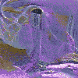 AI generated gif, shifting robe-like purple shapes with a halo.