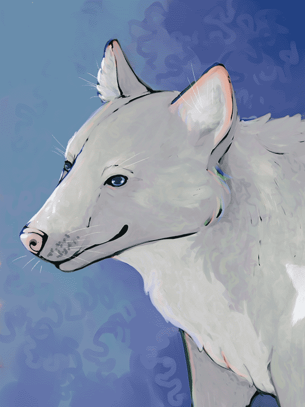 digital portrait of a light gray wolf with blue eyes, against a blue background.