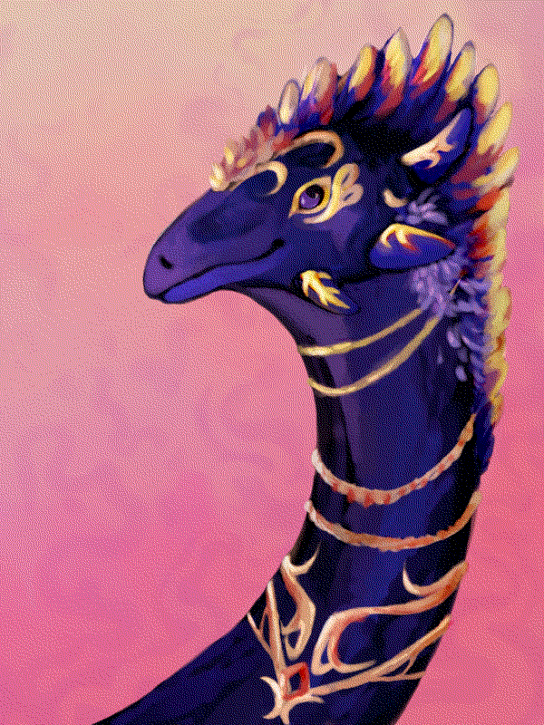 digital bust painting of a dark blue and purple dragon with a golden-tipped feathered crest, wearing gold necklaces, against a pink background