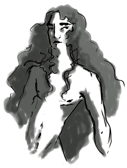 greyscale, half-body drawing of a person with long curly hair