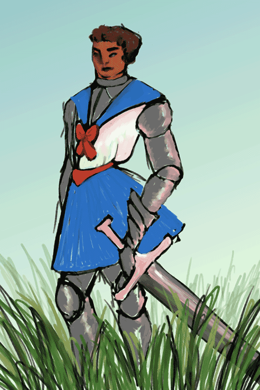 simple digital painting of a person wearing a sailor suit on top of a suit of armor, holding a large pinkish sword