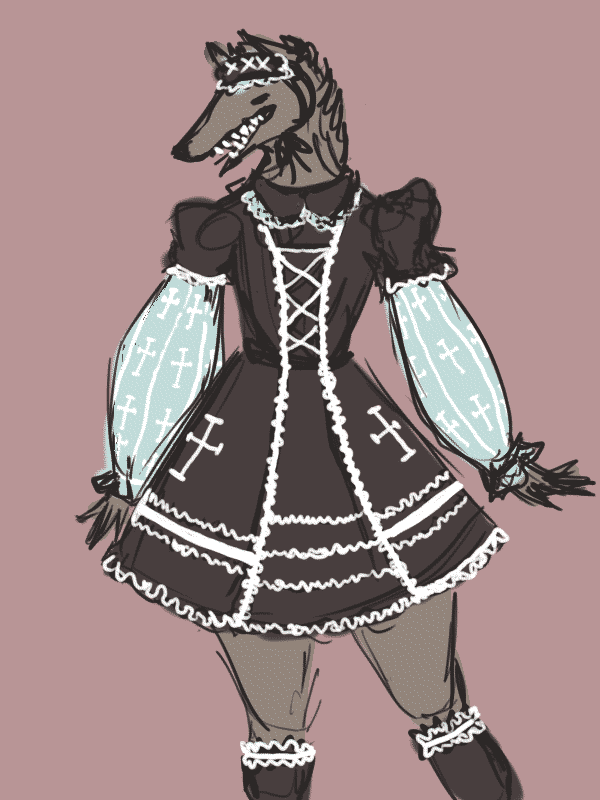 knees-up sketch of a brown anthro wolf, wearing a black lolita dress decorated with white lace. the dress has a peter pan collar and lower sleeves that are light blue with a white cross pattern. there are large crosses on the sides of the skirt. the wolf also wears a matching rectangle headdress and knee socks