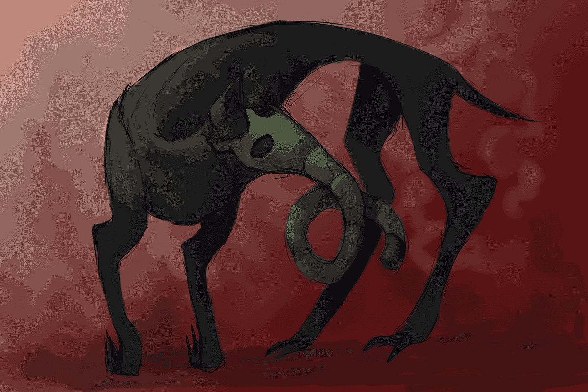 sketchy digital painting of a dark canine, wearing a green gas mask with a long “snout”, standing against a dark red background