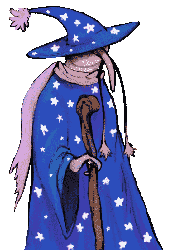 digital drawing of an anthropomorphic weevil wearing a starry blue wizard robe, matching pointy hat and a lilac scarf, holding a wooden staff. the hat’s large brim obscures its eyes, and its long antennae end in tufts, resembling a mustache