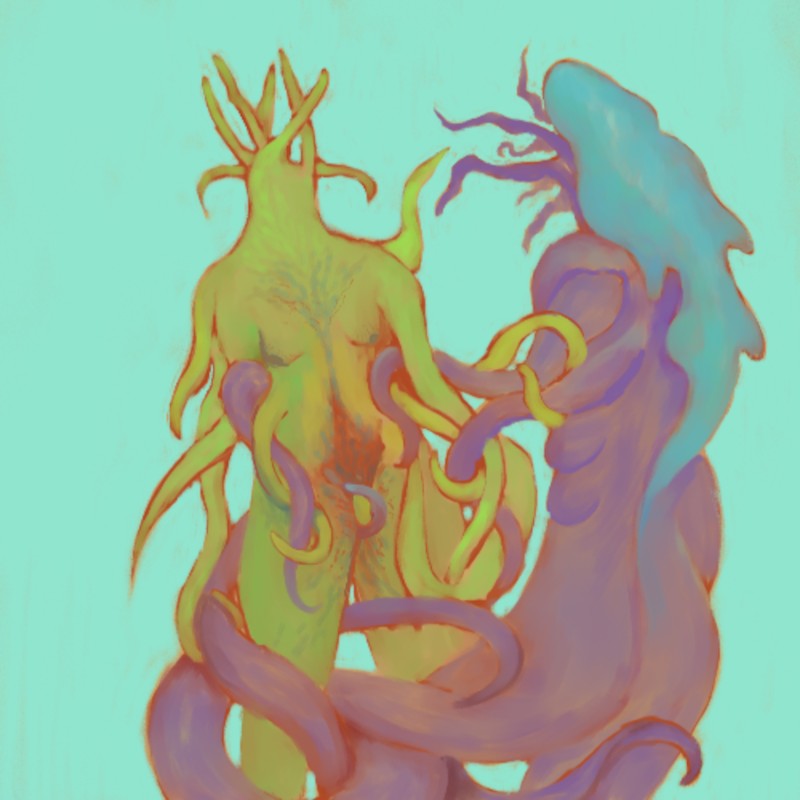 digital painting. two anthropomorphic figures, tentacles intertwined. the one on the left faces the front; it is green with breasts and an enlarged clitoris. the one on the right faces the back and is purple