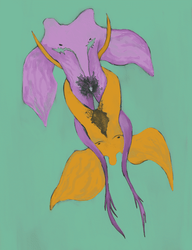 digital painting; two nude abstract antropomorphic angelic figures, legs intertwined. top: lilac, with two heads, top surgery scars and an enlarged clitoris. bottom: orange, with two breasts