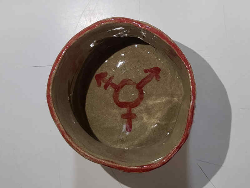 inside of a cup. the transgender symbol is painted on the bottom