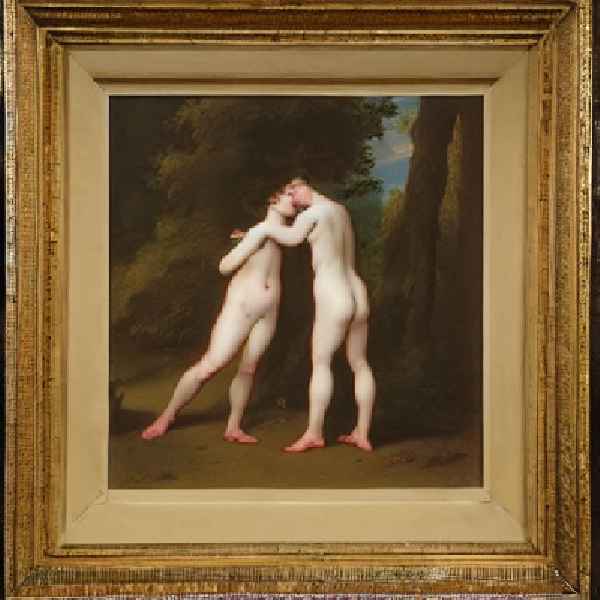 AI generated image. oil painting of two nude people, kissing against a forest background, with a gold frame