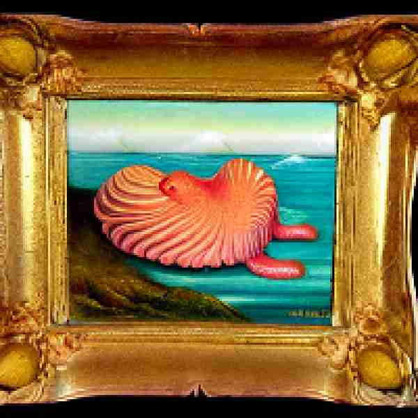 AI generated image of what looks like a large orange mollusk on the seaside, with an ornate gold frame