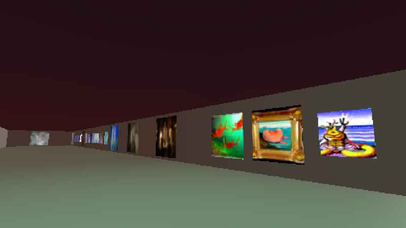 a plain hallway, low ceiling. images are exhibited on the walls, their details lost with the distance