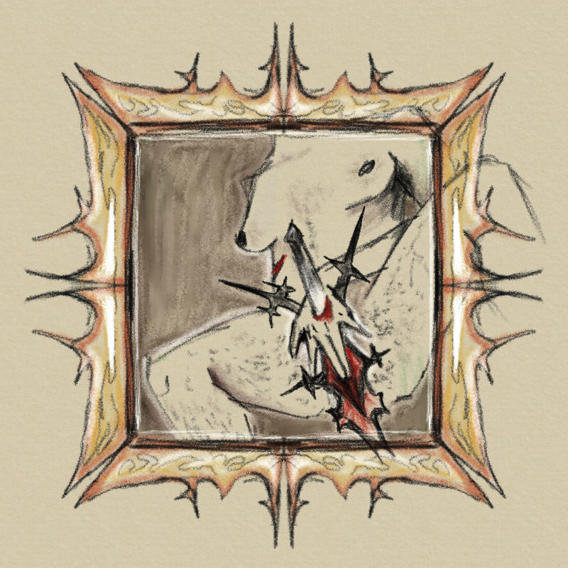 digital drawing, evoking charcoal over tan paper. a close-up of a person's torso and genitals, fingers on their stylized / abstracted pussy, dick through the bleeding stigmata on their palm. a golden frame is drawn on top, sharp and pointy like radiolarian skeletons, echoing the genitals