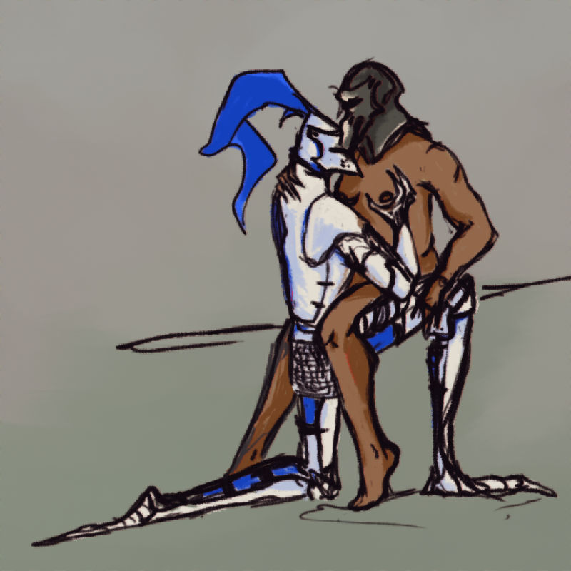 digital drawing. agilulf, a knight in white armor with a bright blue plume, down in one knee, holds the breast of bradamante, a knight nude except for her dark grotesque helmet.