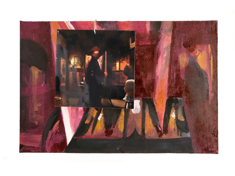 a painting of a cramped abstracted room, in shades of dark red, planes intersecting as in a 3d render. all surfaces are representations of the same synthetic image of what appears to be a figure standing in a dark, warmly lit room. this image, printed and laminated, dangles from a piece of wire attached to the top of the canvas.