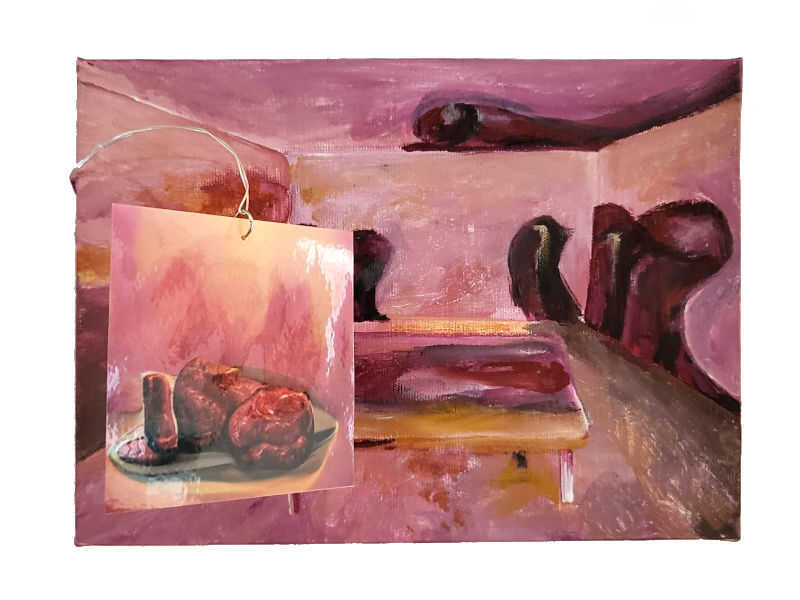 a painting, acrylic on canvas. a cramped abstracted room, overwhelmingly a cold pink. a table stands in its center. all surfaces are representations of a meaty still life. this image, printed and laminated, dangles from a piece of wire attached to the side of the canvas.