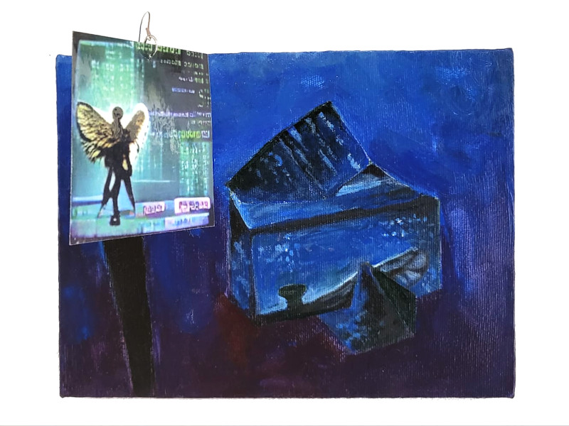 a canvas composition in shades of blue. two rectangular prisms, interlocked, their geometries clashing. the synthetic matrix angel dangles from the top, on a wire.