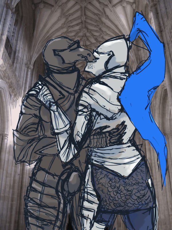 thighs up sketchy drawing of two knights embracing. one of them wears dark gray armor, with a hound grotesque helmet, and the other white armor with a large blue plume. the background is a pixelated photo of a gothic cathedral