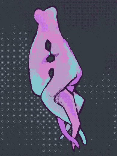 brightly colored digital painting of one two-bodied figure / two fused figures, legs intertwined, breasts touching.