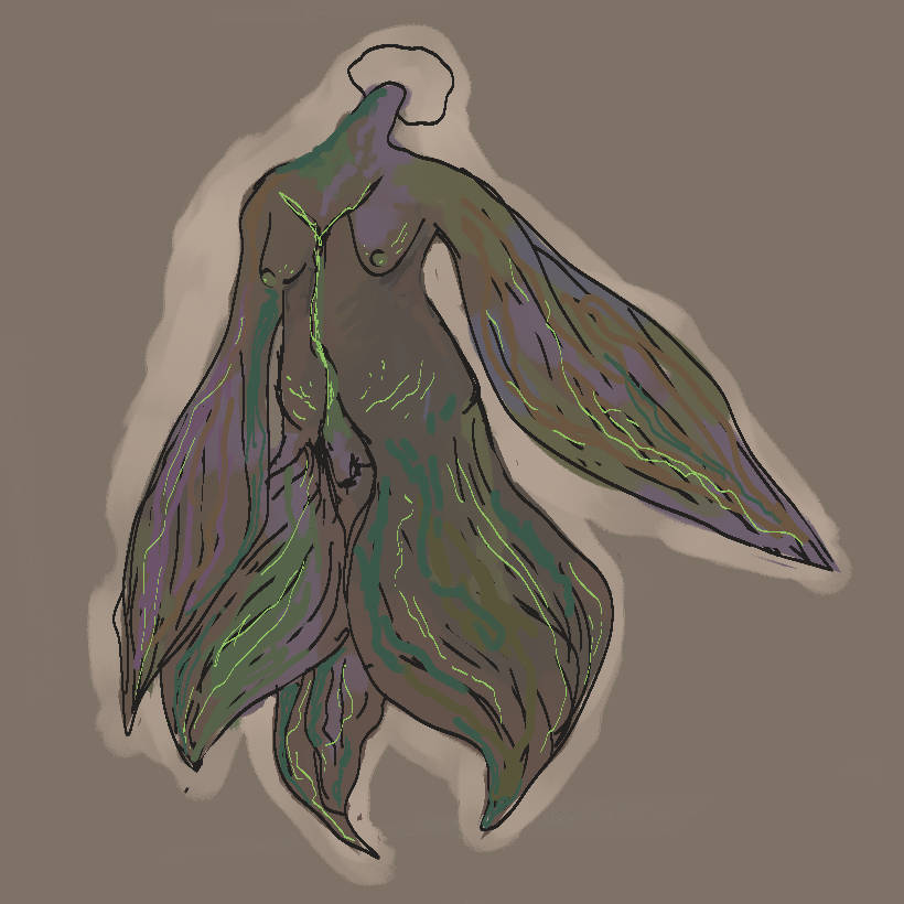 simple digital drawing. a nude transexual angel with five wings, in desaturated browns, lavenders and greens