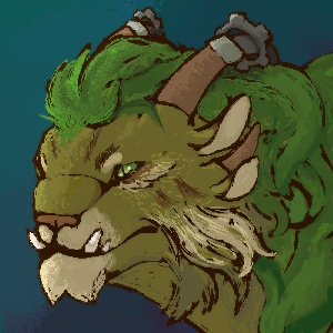 digital drawing. portrait of a muted green anthropomorphic feline with a brighter green mane, four ears and four metal-tipped horns.