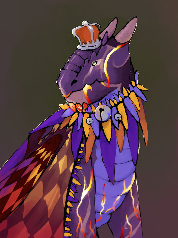 digital painting, half body. a purple snapper dragon, accented with glowing orange-red streaks. he wears a mini crown, a jester's collar, and a harlequin cloak, in shades of purple and orange. his wings are likewise harlequin.