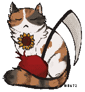 a white and tortoiseshell sitting with eyes closed, wearing a sunflower necklace and holding a scythe and pomegranate
