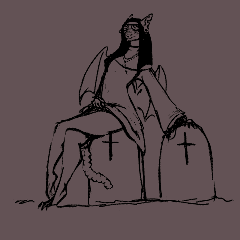 drawing of an anthropomorphic sphinx cat in a nun's habit sitting on a tombstone, lifting their hem to reveal their crossed legs