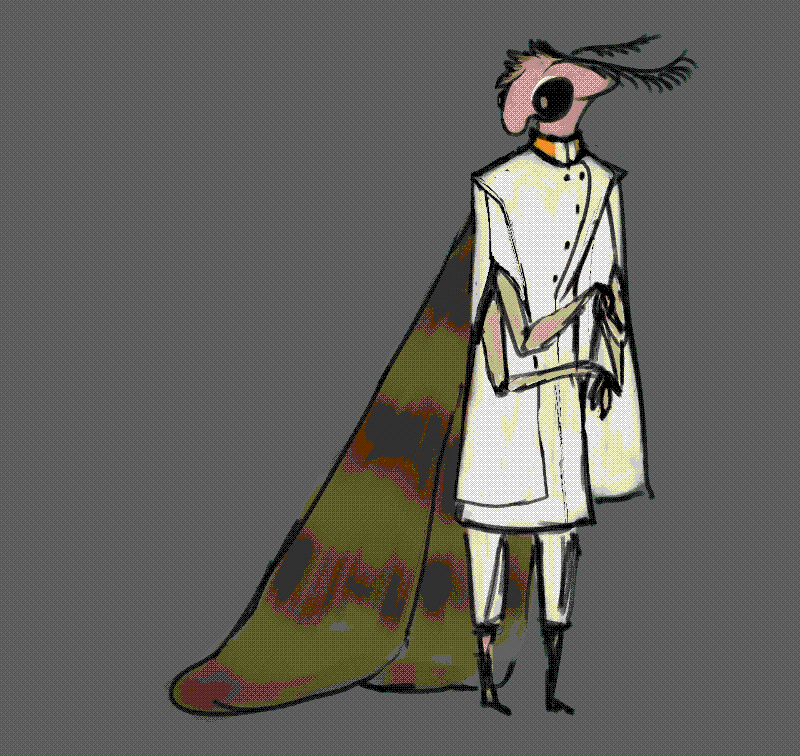 drawing of an anthropomorphic moth wearing a white tunic and trousers
