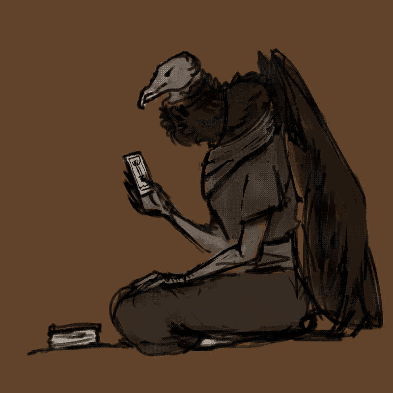 drawing of an anthropomorphic black vulture kneeling, holding a tarot card