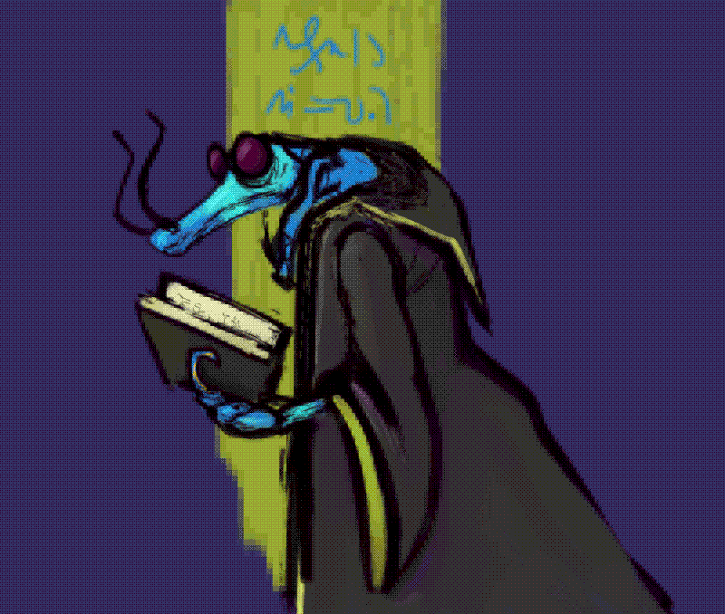 halfbody drawing of a bright blue anthropomorphic weevil wearing a dark robe and holding a book