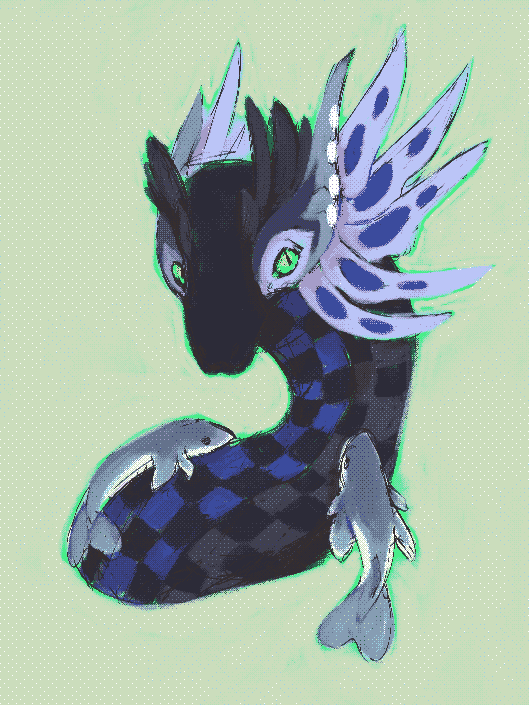 digital drawing, bust of a dark gray and blue dragon, along with two fishes