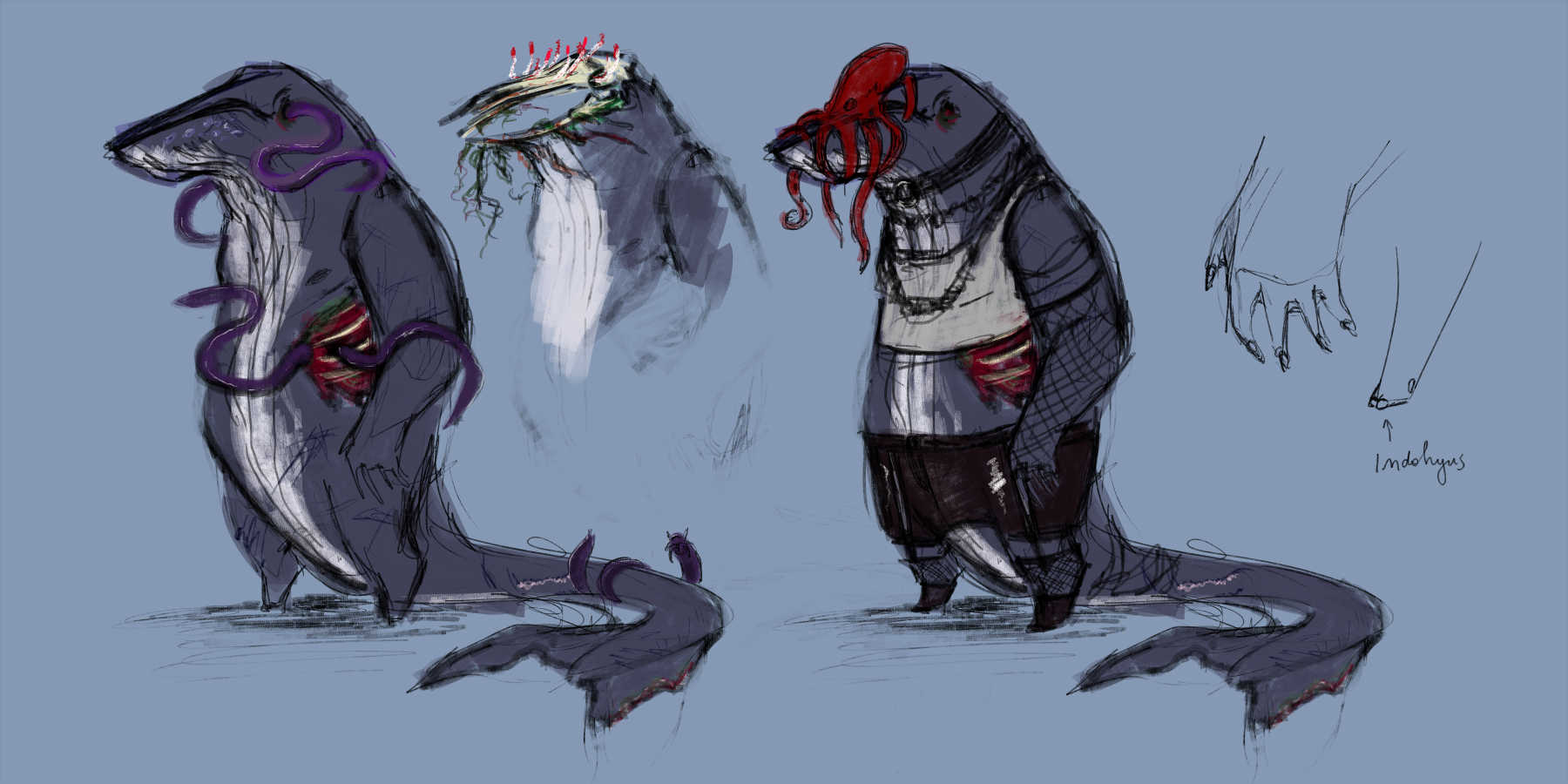 digital sketch, three versions of a partially decayed anthro whale. 1) naked, covered in hagfish; 2) fully visible skull covered in giant tube worms; 3) wearing industrial goth-y clothes, jaws shut by an octopus. a detail view shows their feet are hoofed like an indohyus