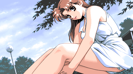 ayumi sitting on grass; the point of view is rather low so we see her panties.
