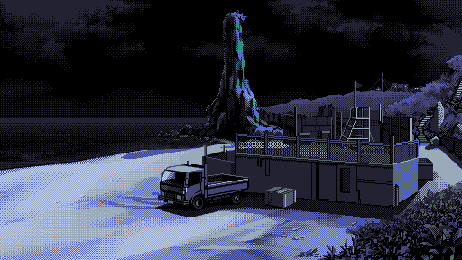 a beach at night. a construction site and a strange mountain.