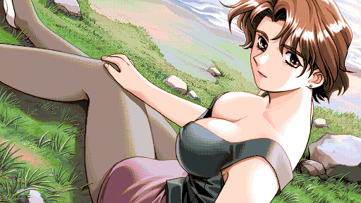 mitsuki sitting on grass; the sea is visible in the background.