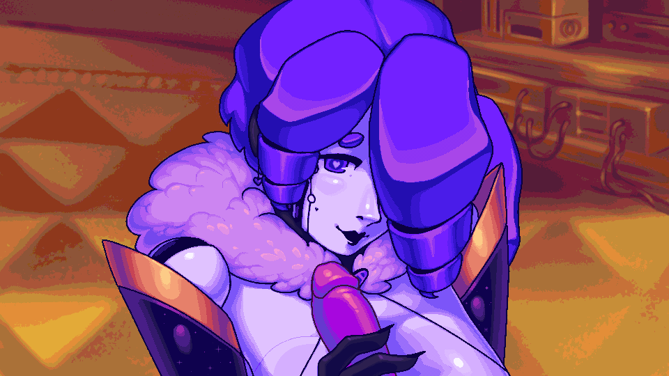 lola holds vee's cock and looks up at her.