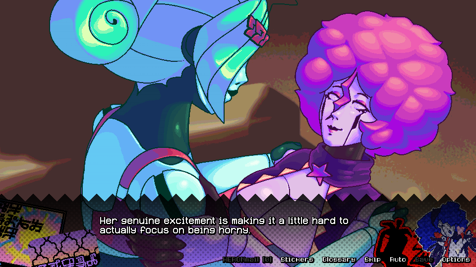 minnie straddles vee. vee's narration reads: 'her genuine excitement is making it a little hard to actually focus on being horny.'