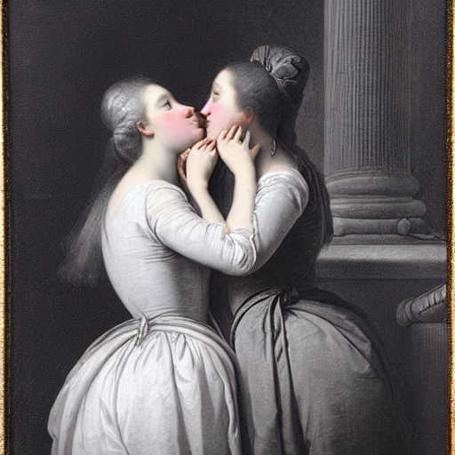 AI-generated image; profile view of two white women in grey dresses, kissing against a dark background, styled like a classical oil painting