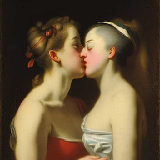 AI-generated image; profile view of two white women, bare shoulders, kissing against a dark background, styled like a classical oil painting