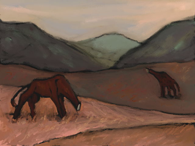 two flat faced ungulate creatures on a grassy plain, mountains in the background