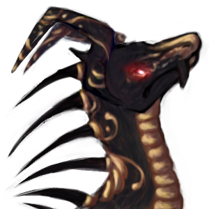 profile headshot of a dark dragon with sickle shaped horns, body adorned with swirls of gold. she has large black fangs and red glowing eyes.