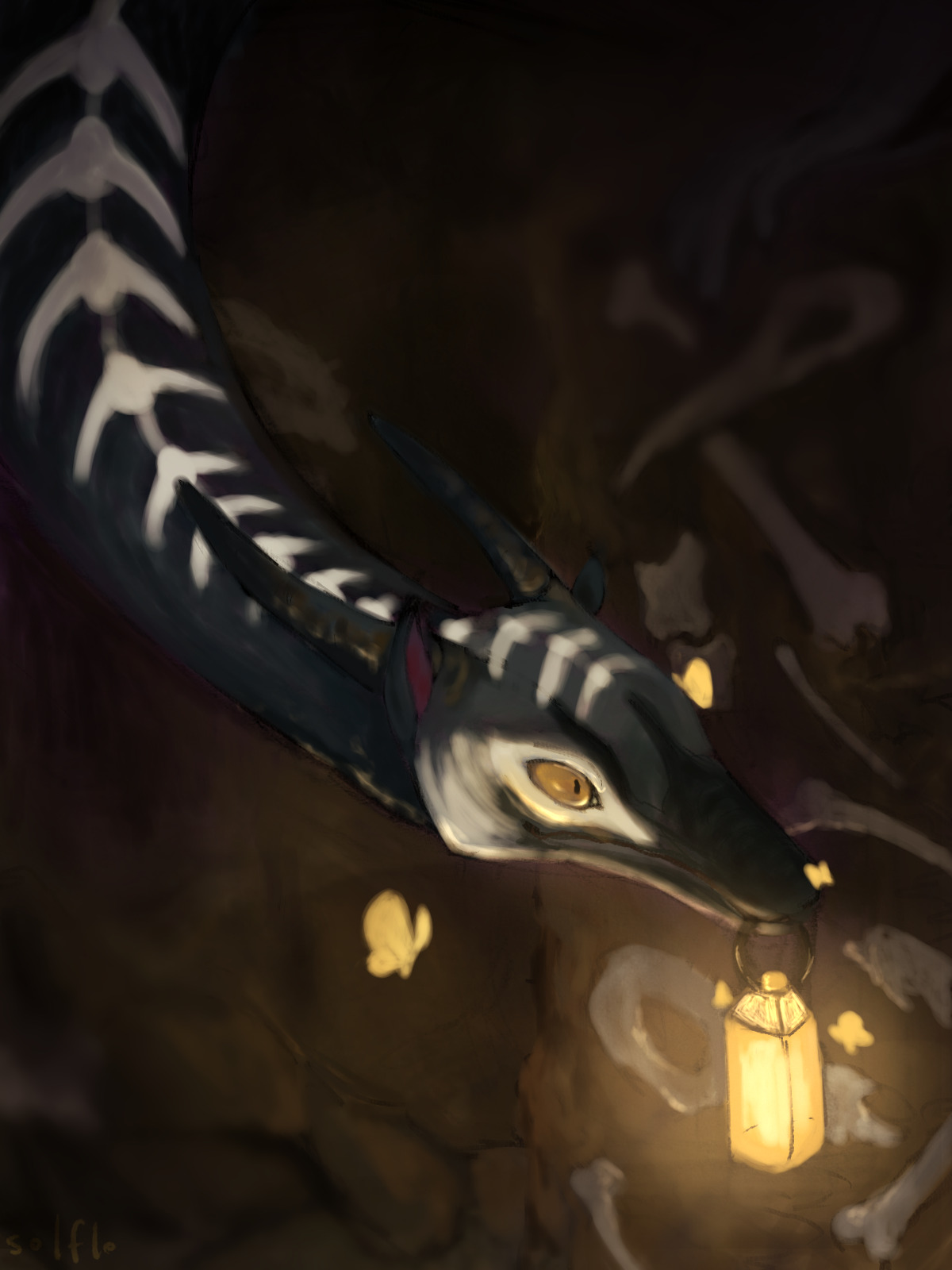 a dragon, bluish-gray with white markings resembling vertebra, holds a yellow lantern in his mouth. he's surrounded by butterflies and looks alert. the background is a cave with skulls and other bones embedded in the rock.