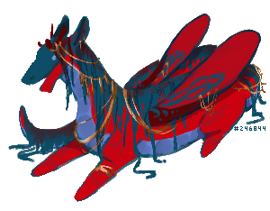 chibi of a red and blue veilspun dragon, adorned with gold chains.